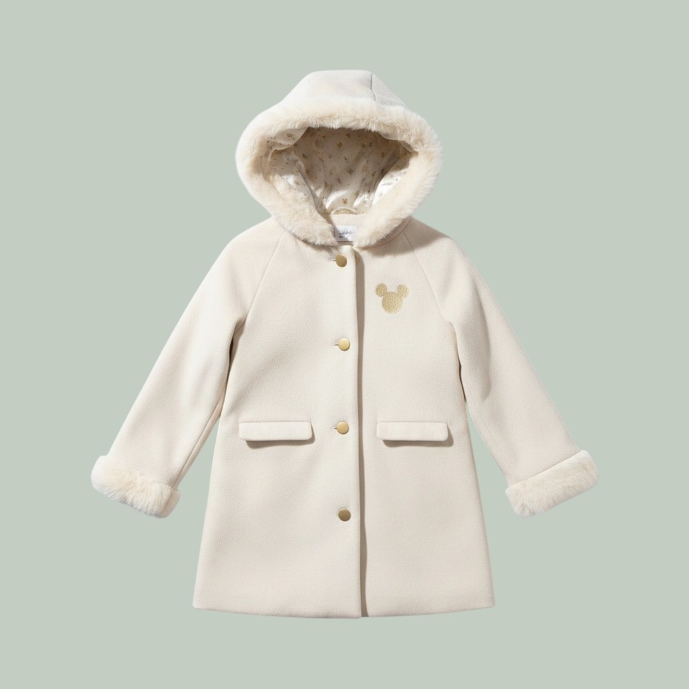 Disney Parks Girls Cream Faux Fur Hooded Long Coat Gold Mickey Snowflake 9/10